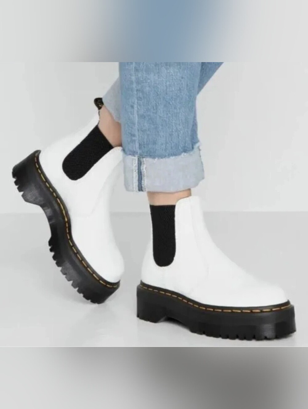 Dr. Martens White Platform Chelsea Boots with Black Elastic